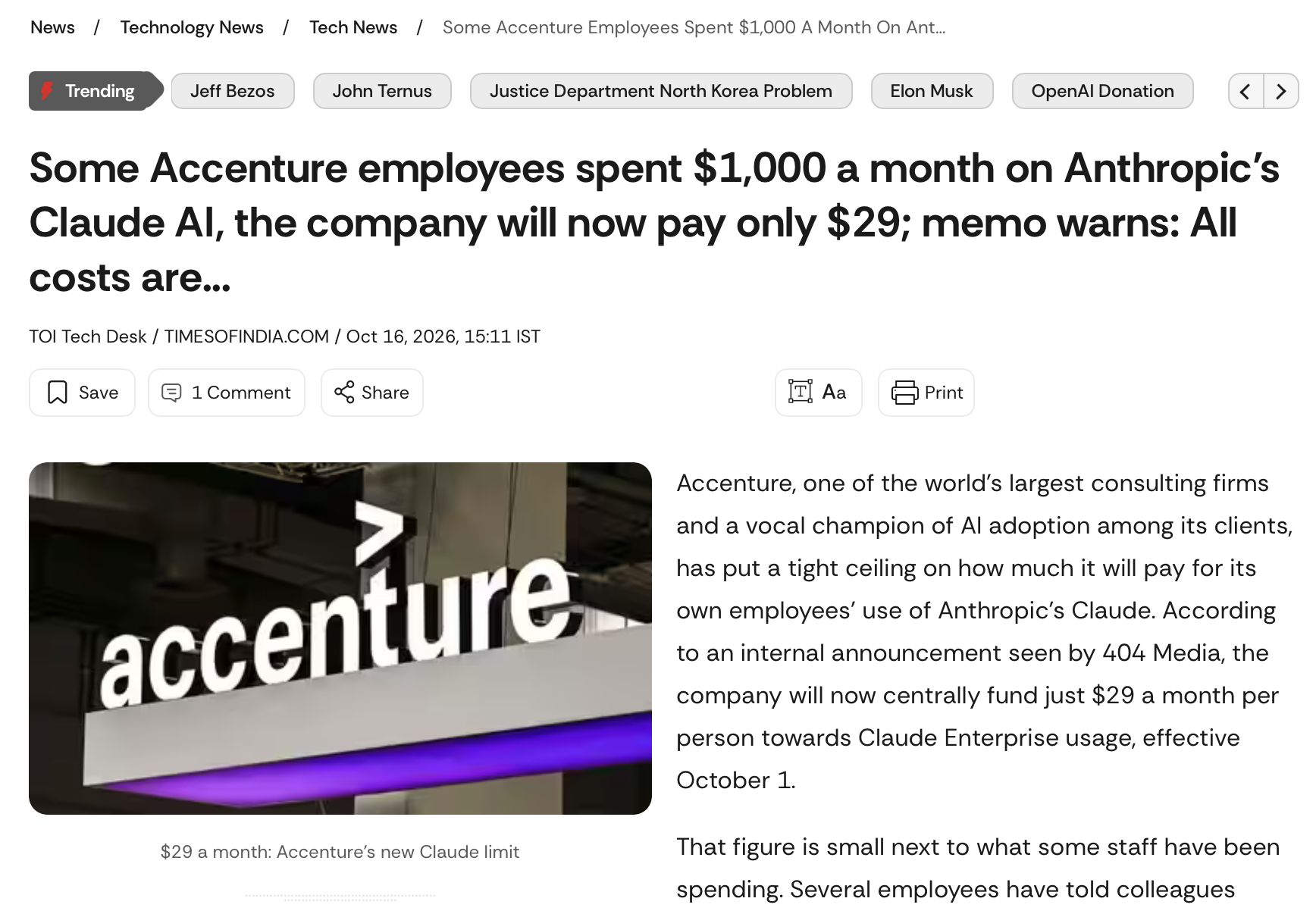Times of India headline: Some Accenture employees spent $1,000 a month on Anthropic's Claude AI, the company will now pay only $29