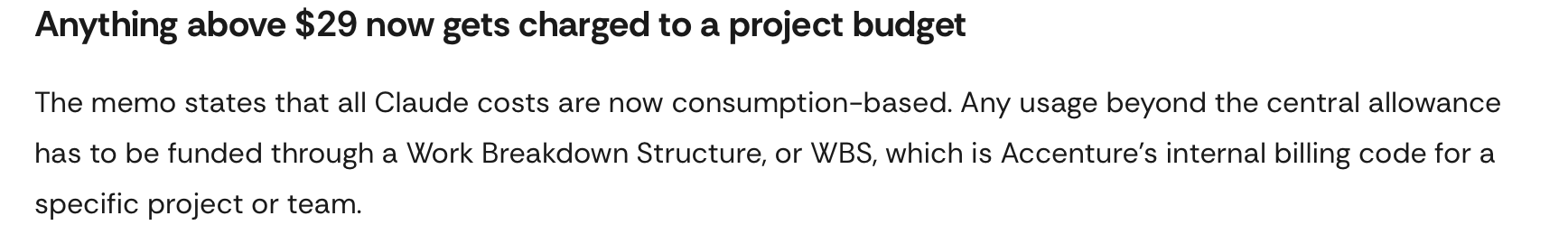 Article section: Anything above $29 now gets charged to a project budget — funded through a Work Breakdown Structure (WBS)