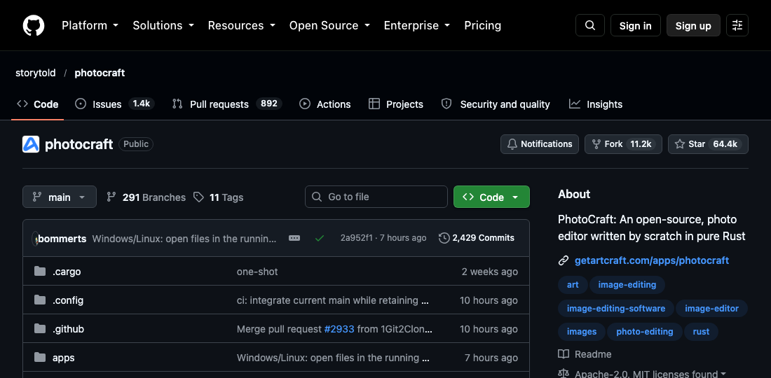 GitHub repo storytold/photocraft: 64.4k stars, 11.2k forks, 1.4k issues — an open-source photo editor written by scratch in pure Rust